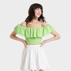 Slim Fit Ruffle Sleeve Off the Shoulder Linen Blouse A New Day Lime Green